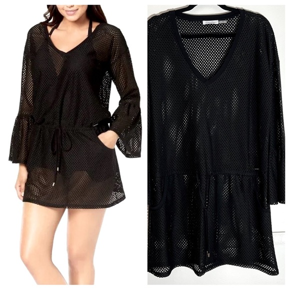 Calvin Klein Other - CALVIN KLEIN black sheer mesh swimsuit coverup bell sleeves large